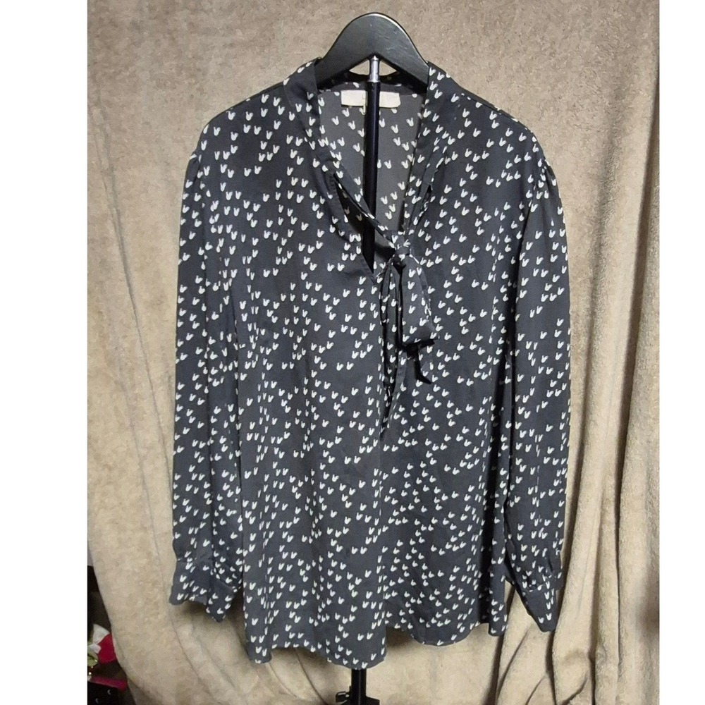 Loft Plus Womens 18 Rooster Bird Print Tie Neck Blouse Charcoal Grey Long Sleeve